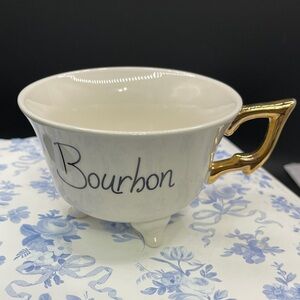 Stoneware Bourbon Ceramic Cup Gold Handle Script Font Footed Shabby Chic Barware